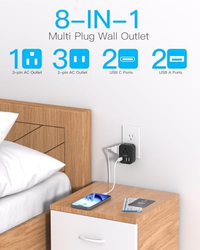 Cruise-Ready Power Solution: One Beat Multi Plug Wall Outlet Extender with 4 AC Outlets & 4 Fast USB-C Ports – Compact, Lightweight Travel Power Strip for Seamless Charging on Board – Non-Surge Protector for Enhanced Safety and Compliance