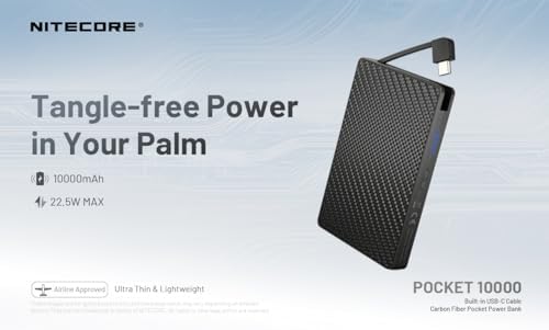 Nitecore Pocket 10000 m Ah Ultra-Lightweight Power Bank with Dual USB-C Ports and Integrated Cable – Ideal for On-the-Go Charging of Phones, Flashlights, and Headlamps with Fast Charge Capability and Real-Time Battery Monitoring