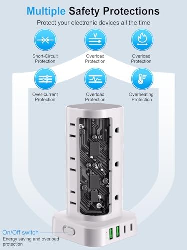 Ultimate Power Strip Tower with 15 W Wireless Charger and 10 FT Extension Cord – 12 AC Outlets & 4 USB Ports (2 USB-C) – Space-Saving Surge Protector for Home, Office, and Dorm Use – Advanced Compatibility for All Devices