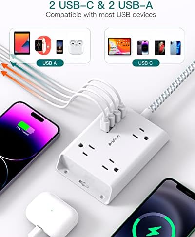 Travel-Ready Addtam Flat Plug Power Strip: Compact Desktop Charging Station with 3 AC Outlets & 4 USB Ports (2 USB-C) – Ultimate Cruise Ship Accessory for Effortless Device Charging on the Go!