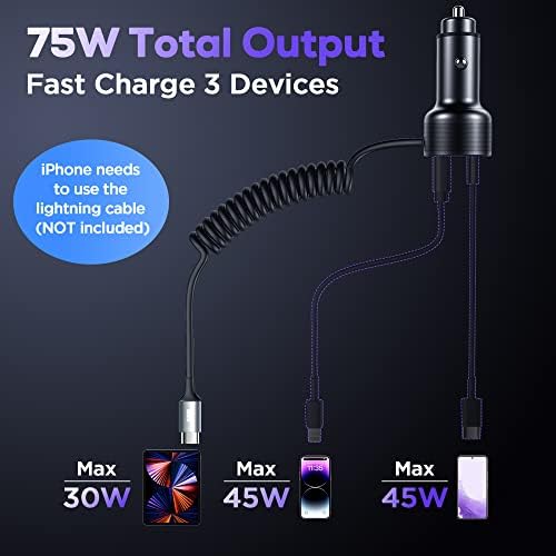 75 W Metal 3-Port USB C Car Charger with Built-in 6 ft Coiled Cable – Super Fast PD & QC3.0 Charging for Samsung Galaxy S22/21, i Phone, i Pad Pro, Pixel, and Android Devices – Universal Compatibility and Enhanced Safety Features for On-the-Go Power