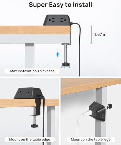 Ultimate Desk Clamp Power Strip: 5 AC Outlets & 3 USB Fast Charging Ports, Mountable Surge Protector for Home Office & Gaming, Fits 1.97″ Thick Table Edges, 6 FT Flexible Extension Cord, Enhance Productivity & Organize Your Workspace