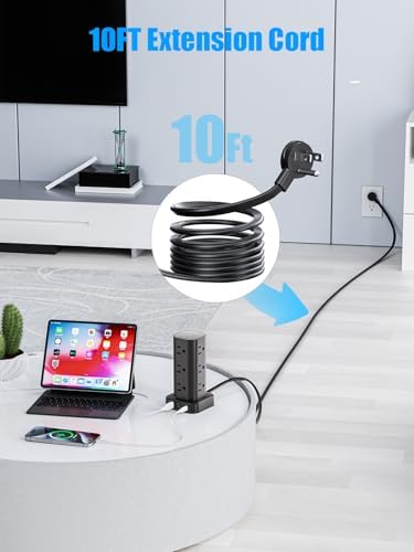 Ultimate Tower Power Strip Surge Protector – 12 AC Outlets & 4 High-Speed USB Ports (2 USB-C) with 6 FT Flexible Extension Cord – Versatile Charging Station for Home, Office, Dorm & Travel (Black) – Unmatched Safety & Space-Saving Design