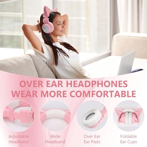 Vibrant Cat Ear Bluetooth Headphones – Wireless Over-Ear Headset with LED Lights and Built-In Microphone for Superior Sound – Ideal for All Ages, From Kids to Adults – Perfect for Music, Gaming, and Movie Watching on Phones, Tablets, PCs, and TVs – Lightweight, Foldable Design for Ultimate Portability and Comfort – Stylish Audio Solution for Everyday Use and Unique Self-Expression