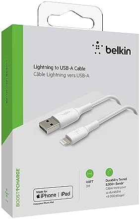 Belkin Boost Charge 9.8 ft Lightning Cable – MFi Certified Apple i Phone Charger for Fast, Convenient Charging – Durable & Tangle-Free USB to Lightning Cord in Sleek White Design – Perfect Length for Uninterrupted Use – Elevate Your Apple Device Experience