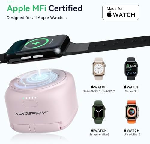 Dreamy Pink Portable Charger for Apple Watch – Wireless Magnetic Power Bank with 1200 m Ah Capacity, MFi Certified for All Models Including Series 9/8/7/6/5/4/3/2/SE/Ultra/Ultra 2 – Stylish & Compact Design for On-the-Go Charging Solutions