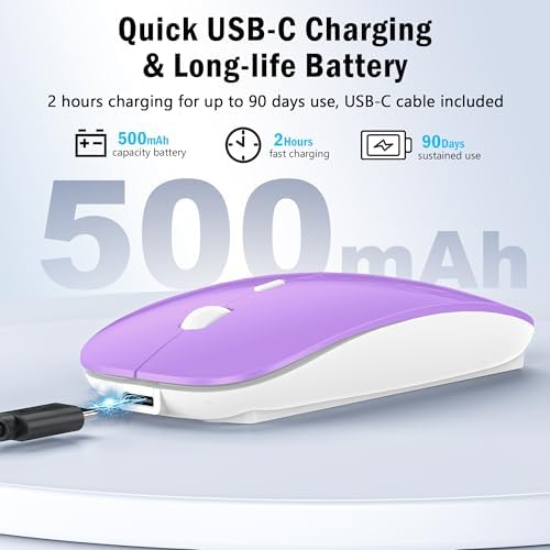 Versatile Wireless Bluetooth Mouse for Mac Book Air, Mac Pro, & i Pad – Sleek Rechargeable Silent Mouse with Dual Connectivity (USB-C & 2.4 G) – Travel-Friendly Jiggler Mice Mover in Stylish Purple – Perfect for Professionals & On-the-Go Users