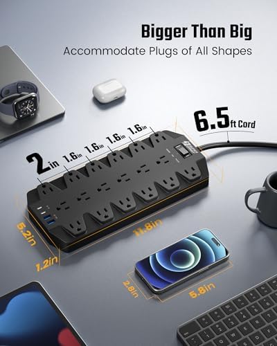 Maximize Your Power Efficiency with SUPERDANNY 18-Outlet Surge Protector Power Strip – 4 USB Charging Ports, 1875 W/15 A, 2100 J Surge Protection, 6.5 FT Heavy-Duty Flat Plug Extension Cord for Home, Office, Gaming, and Dorm Use – Versatile Wall Mount Design for Unmatched Convenience and Safety
