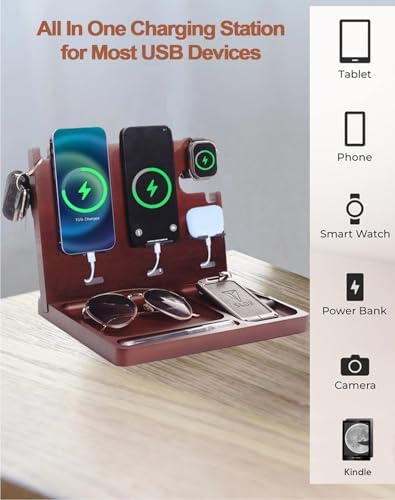 Multi-Device USB Charging Station with 4 Ports – Fast PD & QC3.0 Power Delivery, Stylish Wooden Organizer for Desk & Nightstand – Ideal Birthday Gift for Men, Dads, Husbands, and Moms – Elegant Solution for Cable Management and Rapid Charging