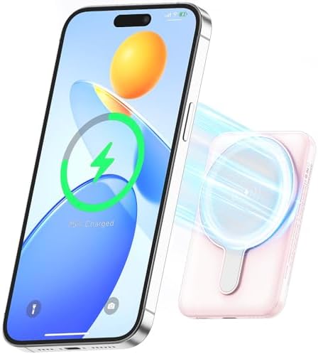 Magnetic 5000 m Ah Wireless Power Bank – Ultra-Compact Portable Charger with Type-C Cable, LED Battery Indicator, and 20 W PD Fast Charging for Mag Safe-Compatible i Phone 12/13/14/15 Series (Stylish Pink) – Effortless Charging Anytime, Anywhere