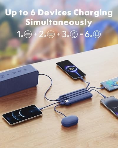 Sleek 10,000 m Ah Multi-Device Portable Charger with Built-In Cables – High-Speed 3 A Power Bank for i Phone, Samsung, Pixel, LG, Moto, i Pad – Ultimate Travel Essential with 6 Outputs for Effortless Charging on the Go