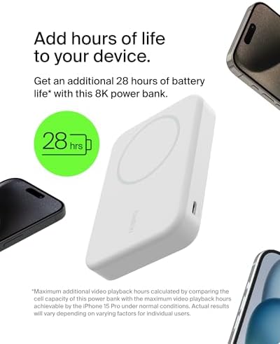 Belkin 5000 m Ah Wireless Power Bank with Qi2 Technology – Mag Safe-Compatible Portable Charger Featuring Built-in Kickstand for i Phone 16, 15, 14, 13, Plus, Pro, Pro Max – Sleek White Design for Seamless Charging on the Go – Optimal Speed & Versatile Compatibility