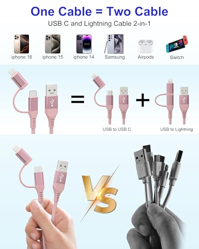 Versatile 2-in-1 Coiled Pink Charger Cable – USB to Lightning & USB-C for Fast Charging & Data Transfer, Compatible with i Phone 11-16 & Android Devices, Supports Apple Car Play & Android Auto, Stylish & Durable Design for Effortless Connectivity
