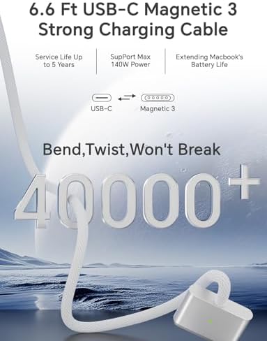 Ultra-Fast 140 W Type-C Charger for Mac Book Pro & Air (2021-2025) – Premium Quality Magnetic Cable with 6.6 FT Length & LED Indicator for Optimal Charging Efficiency and Enhanced Device Protection