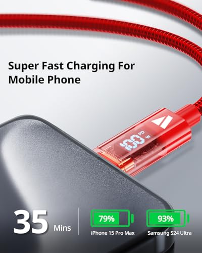 SUPERV 6.6 ft Type C Fast Charging Cable – Premium Nylon Braided USB C Charger with 100 W Power Delivery, High-Speed 480 Mbps Data Transfer, and LED Charging Status Indicator – Ideal for Laptops, Smartphones, and Tablets