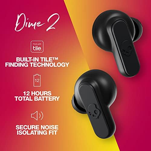 Skullcandy Dime 2 Bluetooth Wireless Earbuds – Noise-Isolating Audio with 12-Hour Battery Life, Integrated Microphone for Hands-Free Calls, Lightweight Design with Lanyard for Ultimate Portability – Compatible with i Phone & Android, True Black Finish for Stylish Comfort