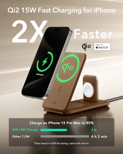 ESR Qi2 All-in-One 3-in-1 Charging Station for Apple Devices – Fast 15 W Mag Safe Charger, Certified Apple Watch & Air Pods Power Hub, Ideal Travel Companion for i Phone 16/15/14/13/12 Series, Sleek Black Design with Travel Bag Included – Maximizing Efficiency and Style