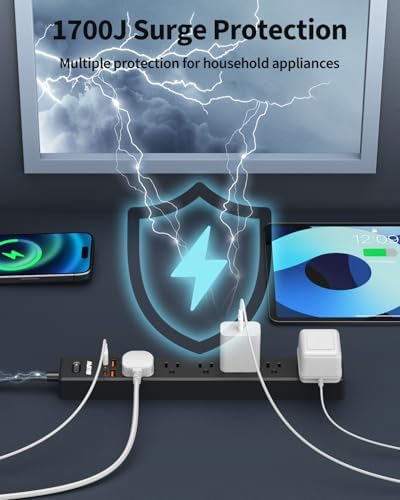 Dual Pack Surge Protector Power Strip with 7 Outlets & 4 USB Ports (2 USB-C) – 6 Ft Flat Plug Extension Cord for Ultimate Device Charging Efficiency – 1875 W/15 A, 1700 Joules Protection, Wall-Mountable for Home, Office, & Dorm Spaces – Sleek Design for Space Optimization and Safety