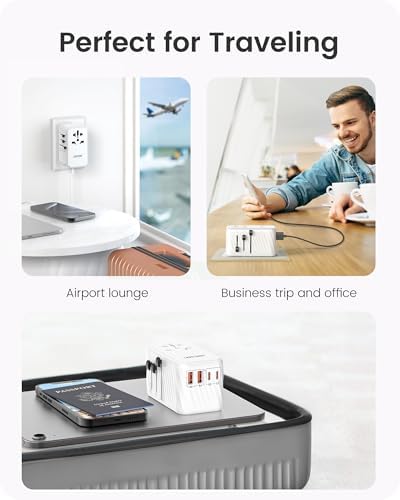 LENCENT 85 W Universal Travel Adapter with Retractable USB-C Cable – High-Speed International Plug Converter Featuring 3 Type-C & 1 USB-A Ports for Effortless Worldwide Charging – Your Ultimate Travel Essential for Maximum Compatibility, Fast Charging, and Ga N Technology Efficiency