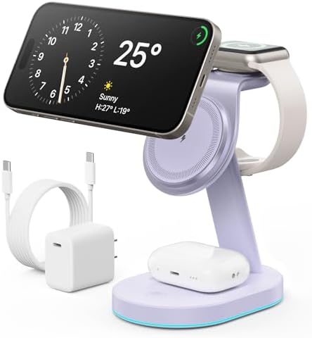 Ultimate 3-in-1 Wireless Charging Station for i Phone, Apple Watch, and Air Pods – Qi2 Certified 15 W Magnetic Charger with 30 W USB-C Adapter & Integrated Night Light – Streamlined Design for i Phone 16/15/14/13/12 – Superior Speed and Enhanced Compatibility for Modern Tech Users