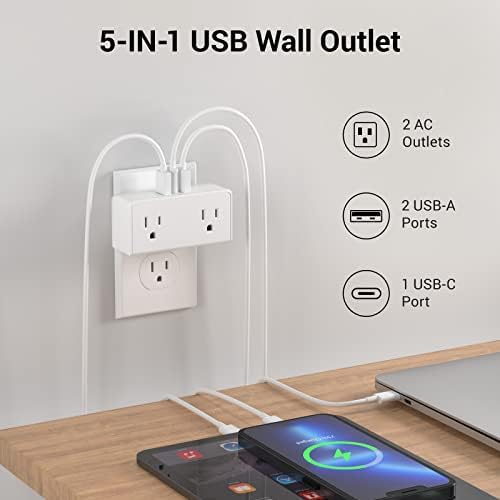 Elevate Your Charging Game with the Clear Power 2-Outlet Power Strip – 6 ft Flat Plug Power Station Featuring 3 USB Ports (1 USB-C) for Rapid Device Charging, Ideal for Home, Office & Travel, Durable & Compact Design, White, Model DC3 S-1102-DC
