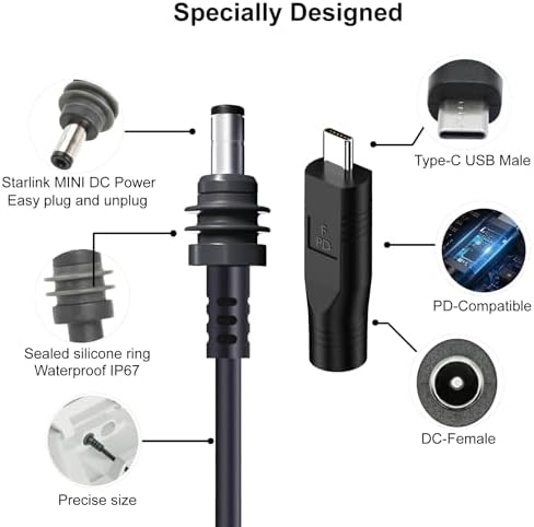 Starlink Mini DC Power Cable with USB C to DC Adapter, USB C to DC Power Cable for Starlink Mini, Compatible with 65W+ PD 20V Protocol Power Supply/Source, Indoor/Outdoor Grey(15M+ USB-C Adapter) – Enhanced Compatibility and Speed