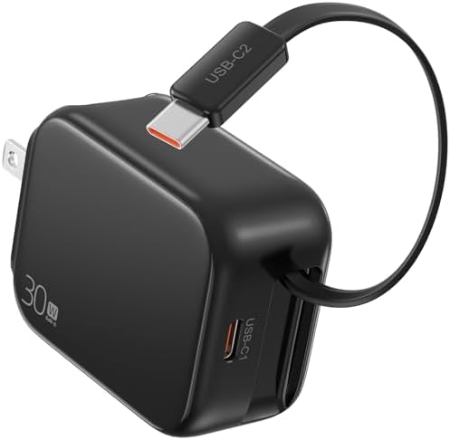 Compact Retractable 2-in-1 Wall Charger with USB-C and 27-inch Cable – 30 W Fast Charging Adapter for i Phone 16/15, i Pad, Galaxy & Pixel – Sleek Black, Perfect for Travel and Enhanced Device Compatibility