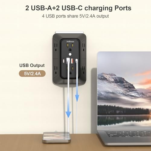 Maximize Your Power Potential with the 6-Outlet Surge Protector & 4-Port USB Charger – Versatile Multi-Plug Adapter Featuring 2 Fast-Charging USB-C Ports, Ideal for Home, Office, Kitchen, and Travel – Enhanced Safety and Connectivity for All Your Devices