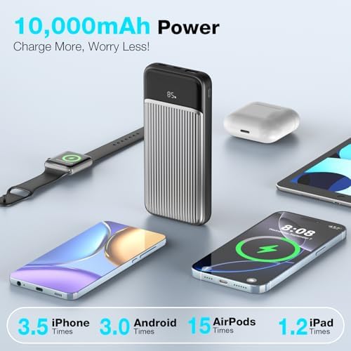Compact 10,000 m Ah Portable Charger with Built-in Cable and LED Display – High-Speed Power Bank for i Phone, Samsung, i Pad & Android – Four Output Ports for Multi-Device Charging on the Go – Ultimate Travel Companion for Effortless Connectivity and Reliability