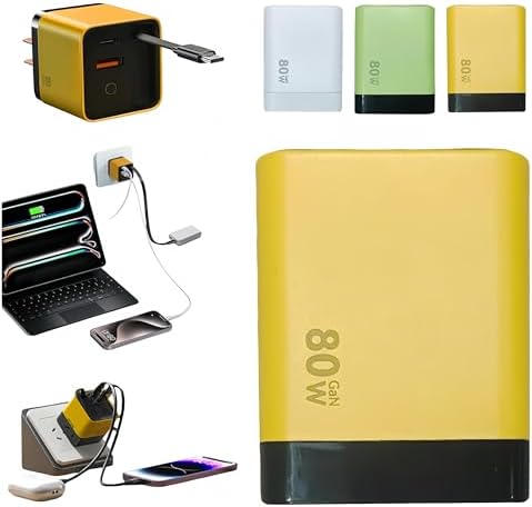 High-Efficiency 3-in-1 Ga N Charger – 80 W High-Speed Power Hub with Retractable USB-C Cable & Dual USB Ports for Ultimate Multi-Device Charging – Ideal Companion for Laptops, Smartphones, and Wireless Earbuds on the Move