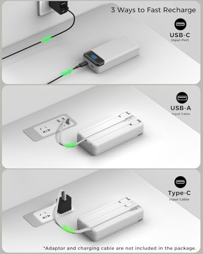 Ultra High Capacity 40,000 m Ah Portable Power Bank with Integrated Cables – 22.5 W PD Fast Charging Solution for i Phone 16/15/14/13, Samsung Galaxy S24/S23/S22/S21 & More – 5 Output Ports & 3 Input Options for Multi-Device Compatibility – Precision LED Display for Real-Time Power Monitoring – Lightweight & Compact Design Perfect for Outdoor Adventures, Travel, Camping, and More – Versatile Backup Battery for Smart Devices Including Tablets, Cameras, and More – Ultimate Charging Convenience Wherever You Go