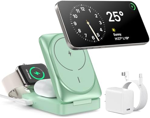 Ultimate 3-in-1 Wireless Charging Station for Apple Devices – 15 W Fast Magnetic Charger Stand with 30 W USB-C Adapter – Enhanced Safety, Cooling System & Foldable Design for i Phone 16/15/14/13/12, Apple Watch, Air Pods – Versatile, Compact & Travel-Friendly Solution for Seamless Charging Experience