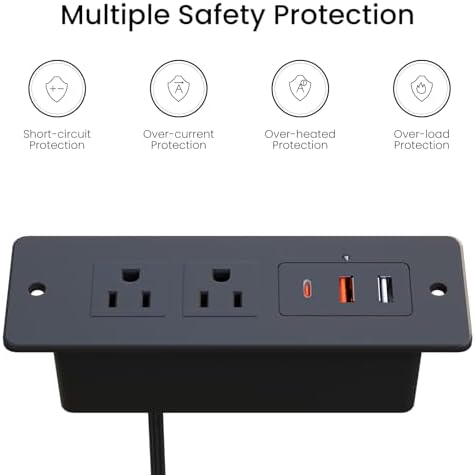Recessed Power Strip with 15 W Wireless Charging & PD20 W USB-C Fast Charge – Sleek Flush Mount Design for Nightstands, Sofas, and Tables – Maximize Space and Efficiency with Dual Outlets and USB Ports for Ultimate Convenience