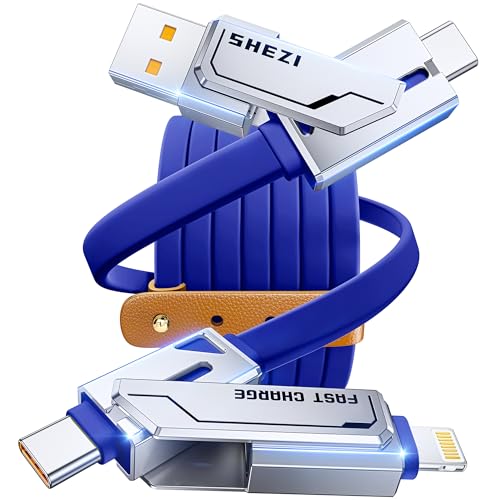 SHEZI 4-in-1 USB C Charging Cable | 240 W Fast Charging Solution for i Phone 16/15 & More | 5 FT Durable Flat Silicone Cord with Lightning, USB-C, USB-A Connectors | Versatile Multi-Device Charger for Home, Office & Travel | Enhanced Compatibility & Speed