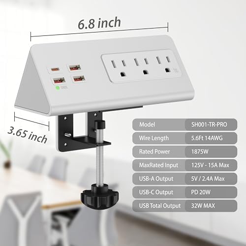 Desk Edge Clamp Power Strip with 4 Fast-Charging USB Ports & 3 AC Outlets – 1875 Joules Surge Protector for Office & Hotel Use, ETL Listed, Space-Saving Design for Convenient Charging Solutions