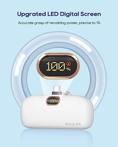 Kuulaa 5000 m Ah USB-C Power Bank with Built-in Plug – PD20 W Fast Charging Battery Pack for i Phone 15/16, Samsung S22/S23 & Android Devices – Compact Design with LCD Display for On-the-Go Convenience and Enhanced Compatibility