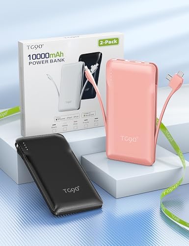 Ultra-Slim 10,000 m Ah TG90° Portable Power Bank with Built-in Lightning and USB-C Cables – Fast Charging, Lightweight Battery Backup for i Phone and Android Devices – Essential On-the-Go Charger for Busy Lifestyles