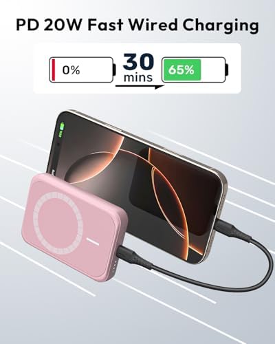 Sleek Pink Magnetic Power Bank for i Phone – 10000 m Ah with 15 W Wireless Charging & 20 W USB-C Fast Charge – Ultimate Portability for i Phone 16/15/14/13/12 Series – Effortless One-Handed Operation for Travel Enthusiasts and Daily Adventurers – Strong 10 N Magnetic Force for Secure Attachment – Perfect for On-the-Go Charging