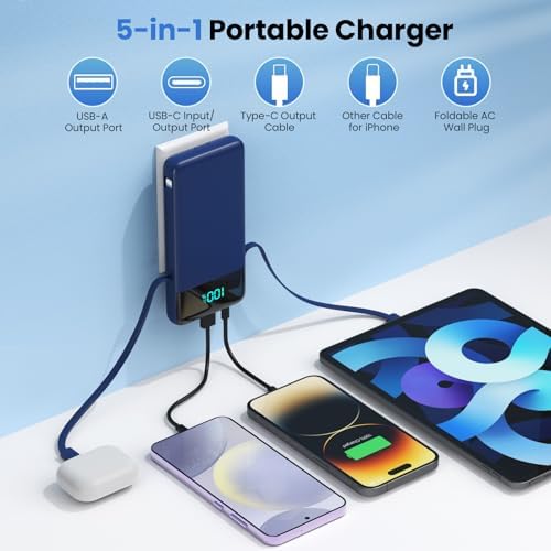 Upgrade Your Charging Experience: 13800 m Ah Portable Power Bank with Built-in Cables and Wall Plug – Fast Charging USB-C Battery Pack for i Phone 16/15/14, Samsung & Android Devices – Ultimate Travel Companion with 4 Outputs for Simultaneous Device Charging