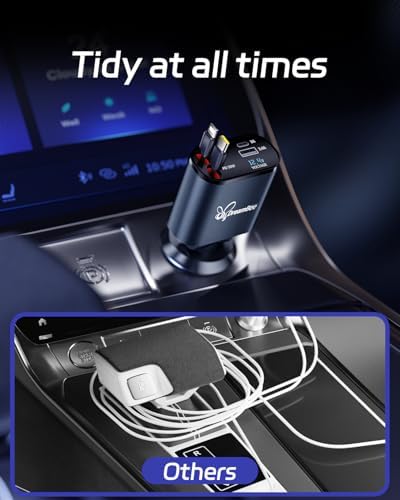 Ultimate 66 W Retractable Car Phone Charger – Fast Dual Type-C Charging Solution for i Phone 15/14, Samsung Galaxy S23+/S23/S22, i Pads – Tangle-Free Design for Efficient Multi-Device Power-Up in Cars and Trucks – Perfect Travel Accessory with Built-In Safety Features