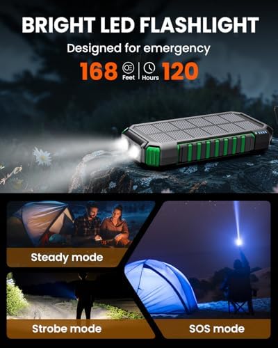 Riapow 27,000 m Ah Solar Power Bank – Ultra-Fast 22.5 W Wireless Charger with Built-in Cables for 6 Devices, Ideal for Outdoor Adventures and Emergency Power Needs – Charge i Phone 16 to 65% in 30 Minutes with High-Capacity Battery and Efficient PD 3.0 Technology – Stay Connected Anywhere, Anytime