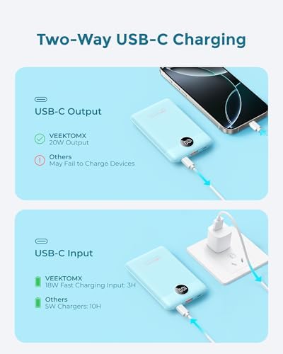 VEEKTOMX 10,000 m Ah Ultra-Slim Portable Charger – 22.5 W Fast Charging Power Bank for i Phone, Samsung, Google & Tablets – Lightweight USB-C Battery Pack in Stylish Blue – Your Essential Mobile Charging Companion for All-Day Power