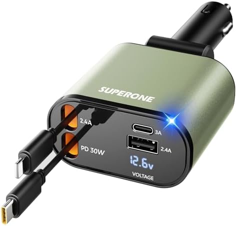 Introducing the SUPERONE 4-in-1 Retractable Fast Car Charger: Ultimate On-the-Go Charging Solution for i Phone, Galaxy & Pixel Devices – Featuring 2.6 ft Tangle-Free Cord, Enhanced USB C & Apple Compatibility, and Sleek Design for Effortless Portability. Experience lightning-fast charging to keep your devices powered during road trips or daily commutes, ensuring you’re always connected. This innovative retractable charger is engineered for maximum efficiency, accommodating a wide range of smartphones including i Phone 16, 15/15 Pro Max, 14, 13, 12, 11 and popular Galaxy and Pixel models. With its compact construction and high-quality materials, this charger not only enhances your charging experience but also withstands everyday wear and tear. Elevate your mobile charging with the SUPERONE car charger – where convenience meets cutting-edge technology for busy professionals and families on the move.