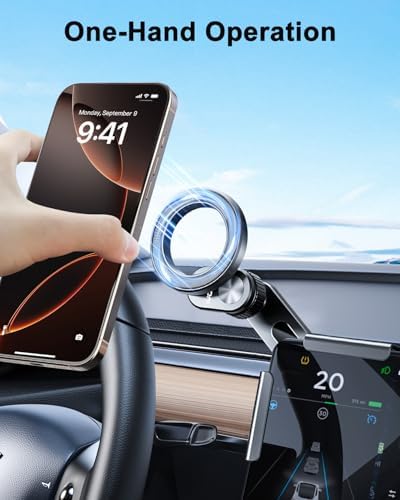 Enhance Your Tesla Experience with the Mag Safe Phone Mount – No Glue Installation for Model Y, 3, S, X, and Cybertruck – Secure Dash Holder for Effortless Access and Optimal Viewing – Sleek Design for Modern Aesthetics and Driving Safety