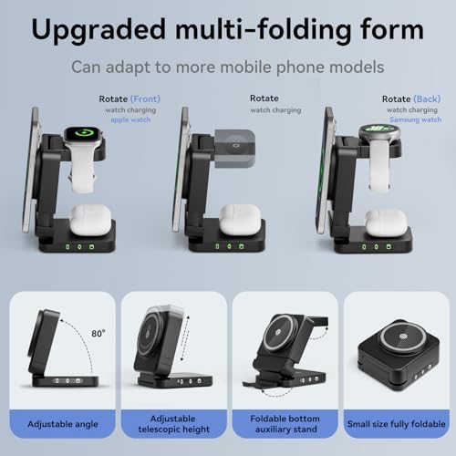 Revolutionize Your Charging Routine with the 3-in-1 Foldable Wireless Charger – Fast 15 W Mag-Safe Charging Station for Apple and Samsung Devices, Magnetic Stand for Phones, TWS Earbuds & i Watch, Portable Travel Companion for Ultimate Convenience and Efficiency