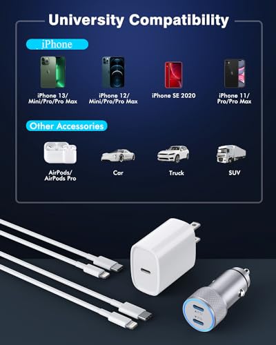 Effortless Power on the Go: 40 W Dual USB-C Fast Car Charger for i Phone with 2 Lightning Cables – Rapid Charging for i Phone 14/13/12/11 Pro Max and i Pads, Enhanced Compatibility, and Built-in Safety Features for Ultimate Device Protection