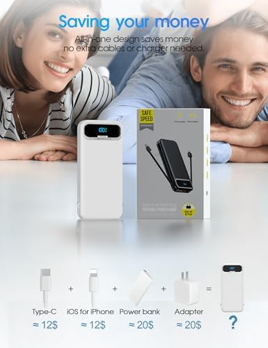 Ultra-Compact 12000 m Ah Power Bank with Built-in Charging Cables & AC Plug – 20 W PD Fast Charging for i Phone, Samsung, Android, USB-C Devices – Travel-Friendly External Battery Pack in Purple – Unmatched Portability and Efficiency for On-the-Go Charging Solutions