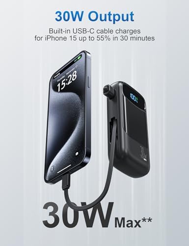 Compact 10,000 m Ah Fast Charging Power Bank with Built-In USB-C Cable for i Phone 16/15, Mac Book, Galaxy, and i Pad – Ultimate Travel Battery Pack for On-the-Go Charging Needs