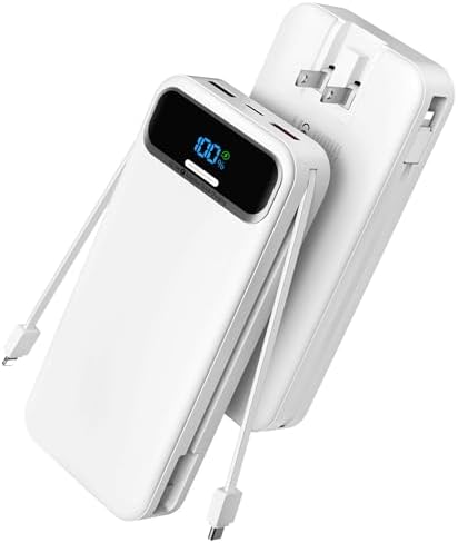 Ultimate 20,000 m Ah Portable Charger with Built-in Cables & AC Plug – Super Fast PD20 W & SCP22.5 W USB-C Power Bank for Quick Device Charging – LED Display & Universal Compatibility for i Phone, Samsung & More – Essential Travel Accessory for On-the-Go Power Solutions