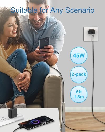 Dual-Pack 45 W USB C Fast Charger for Samsung Devices – Lightning-Fast Charging with 6 FT Type C Cables for Galaxy S25 Ultra/S24/S23/Z Fold 5/Z Flip 5 – PPS Technology for Enhanced Power Delivery – Compact, Reliable, and Portable Charging Solution